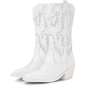 Women's White Western Cowgirl Boots Classic Pull On Pointy Toe Mid Calf